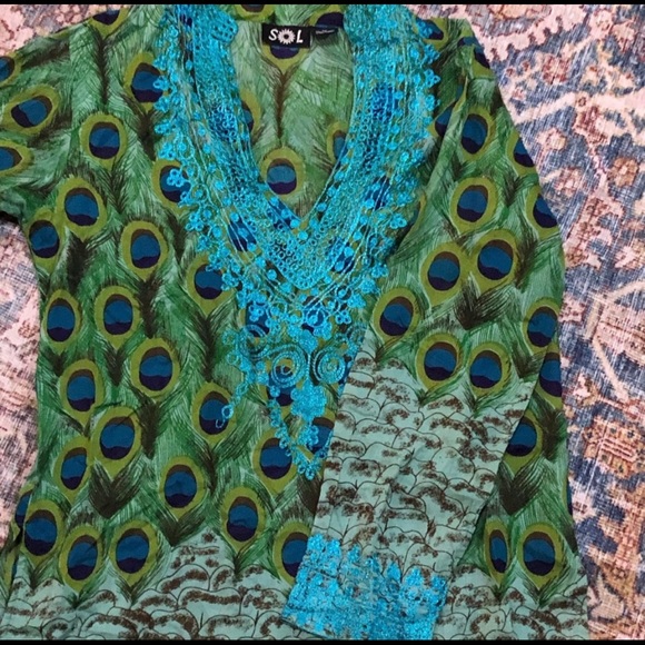 Sol Tunic Top Womens Small Multicolor Tropical Embroidered V-Neck Long Sleeves - Picture 3 of 4